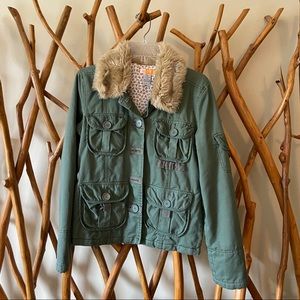 TULLE ANTHROPOLOGIE GREEN DENIM JACKET FUR COLLAR
